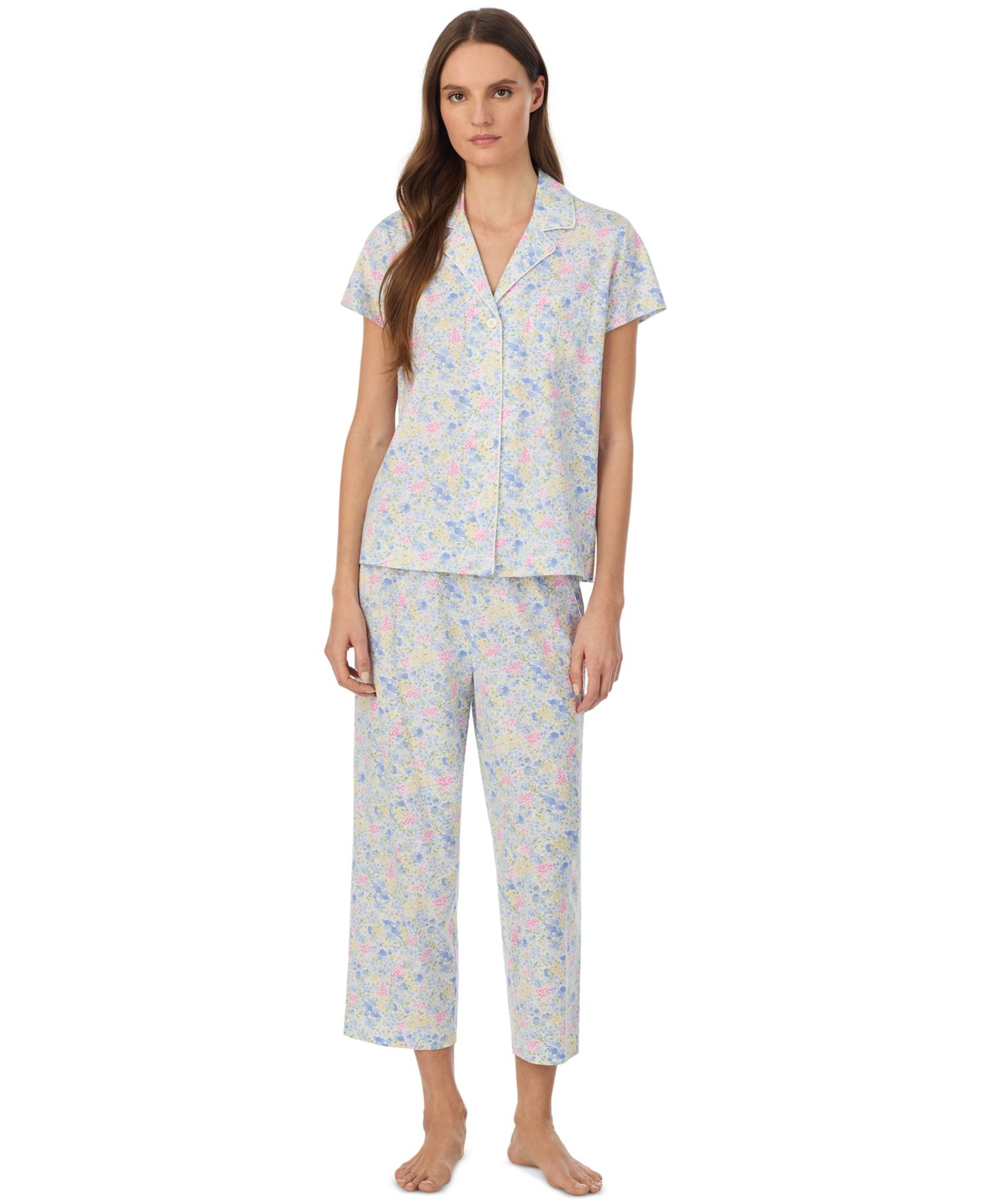 Women's Short-Sleeve Notch Collar Cropped Pant Pajama Set