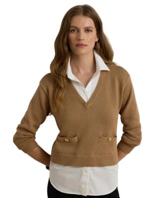 Women's V-Neck Long-Sleeve Relaxed-Fit Cotton Sweater