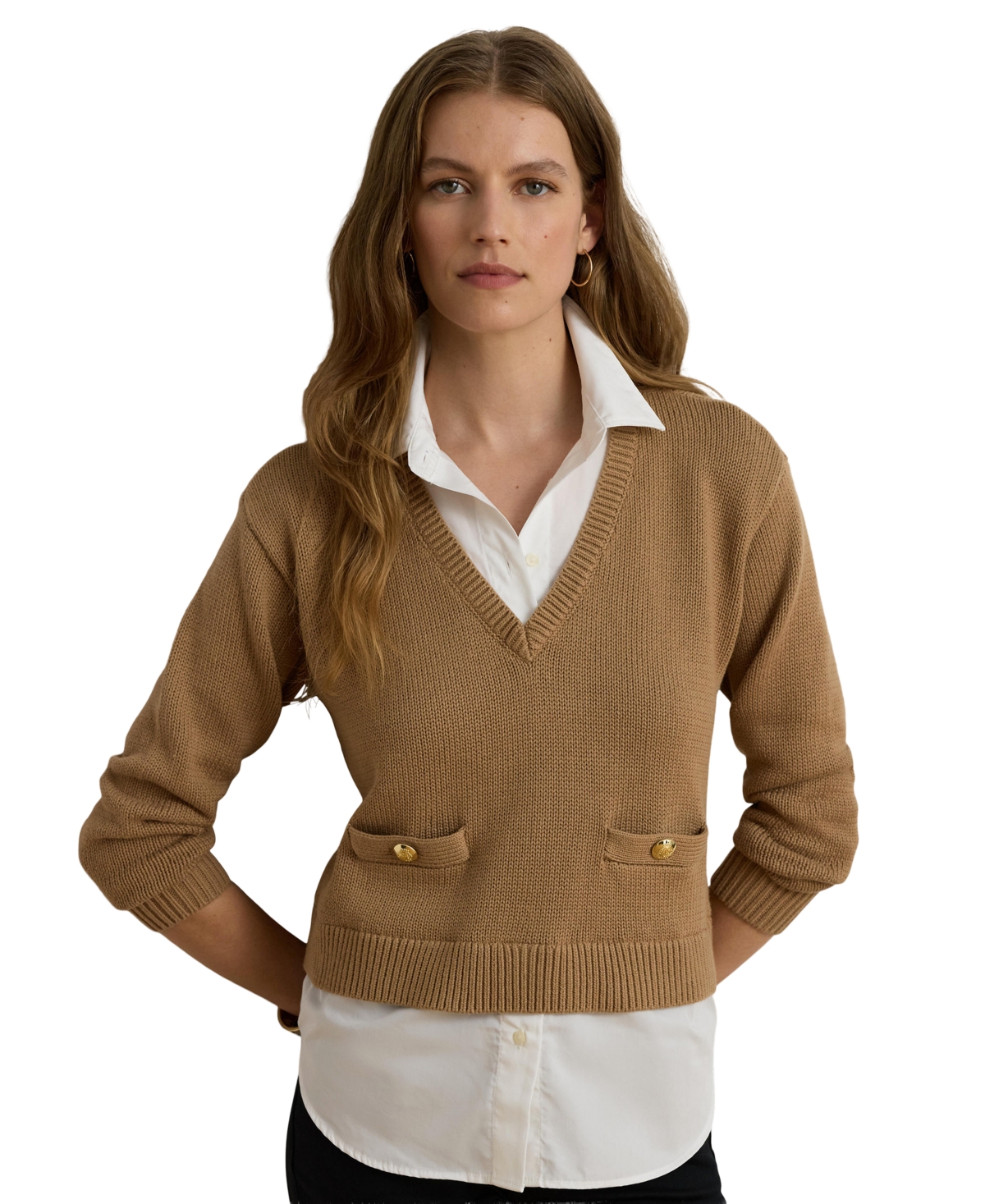 Lauren Ralph Women's V-Neck Long-Sleeve Relaxed-Fit Cotton Sweater