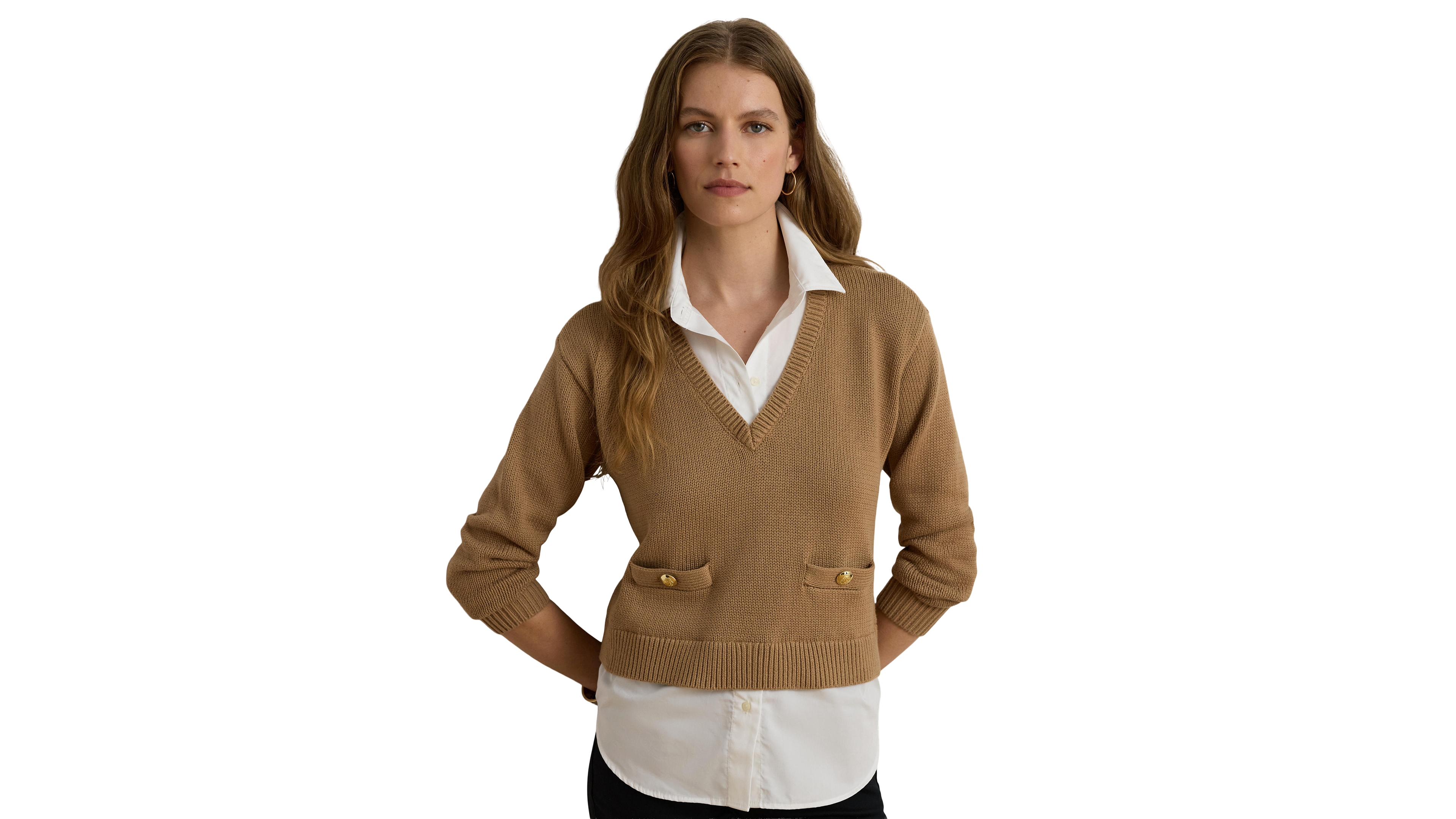 Lauren Ralph Women's V-Neck Long-Sleeve Relaxed-Fit Cotton Sweater