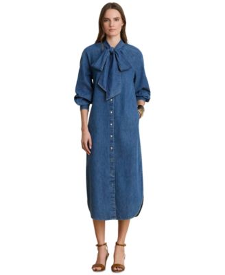 Women's Denim Tie-Neck Midi Shirtdress