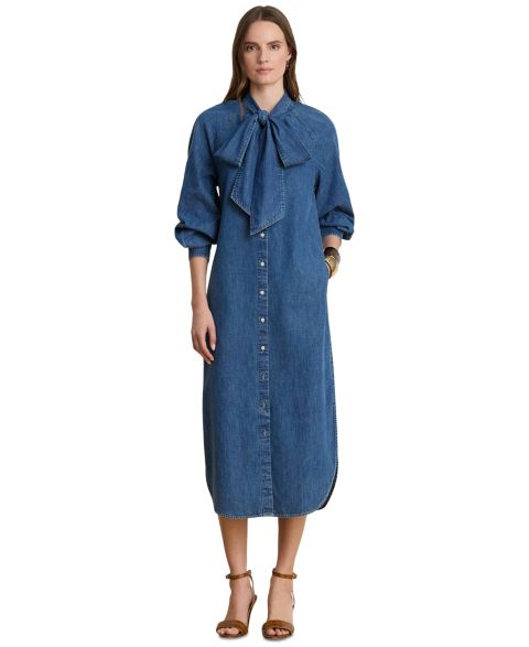 Женское платье Lauren Ralph Lauren Denim Tie-Neck Midi Shirtdress, цвет: Синий варёный