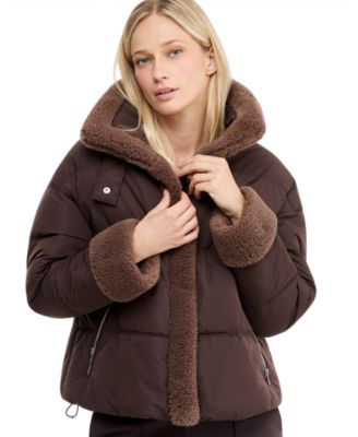 Women's Water-Resistant Sherpa Cuff and Collar Short Puffer Coat