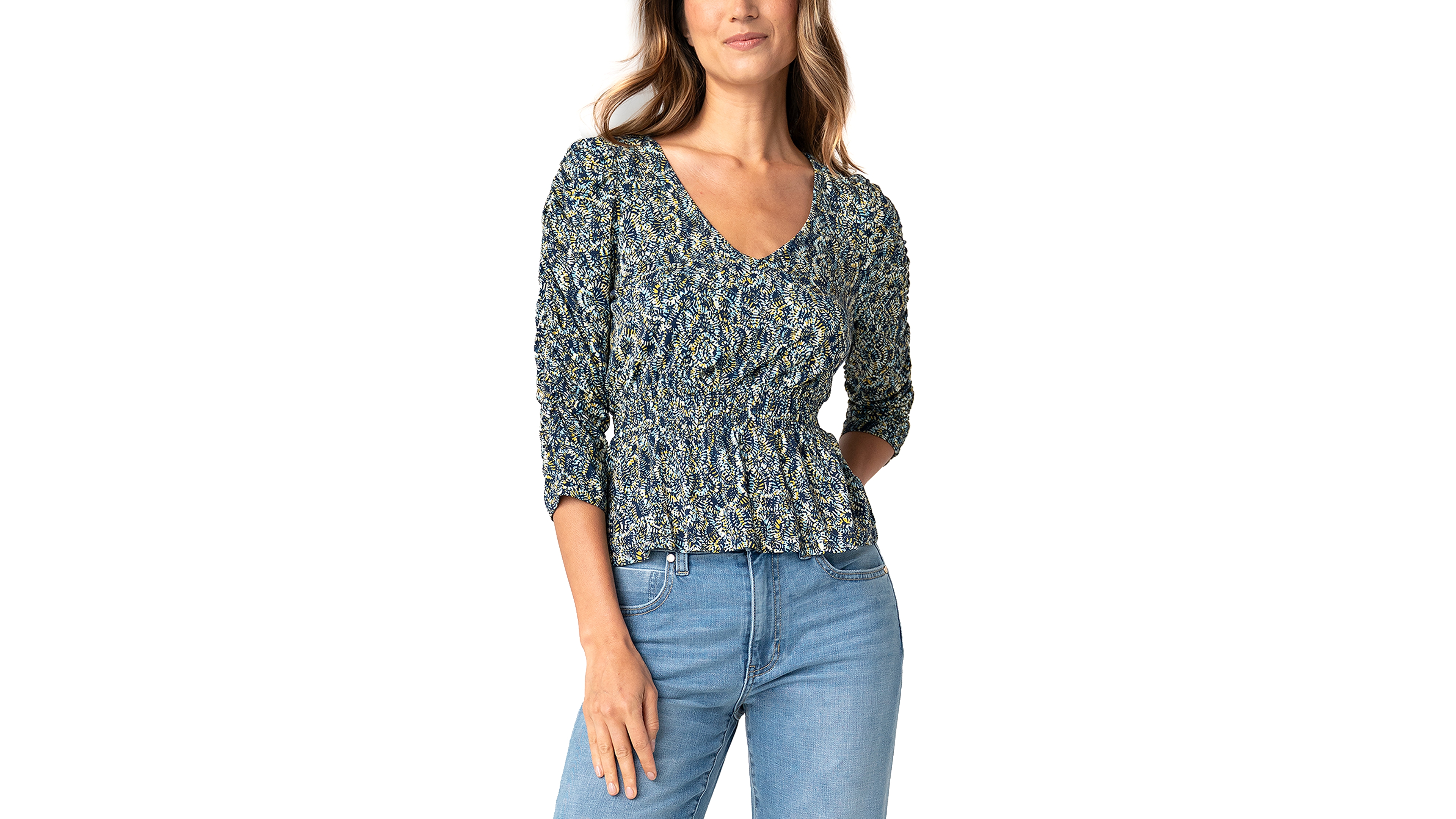 Liverpool Los Angeles Women's Ruched Sleeve V-Neck Knit Top