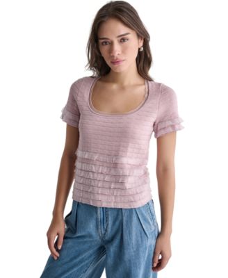Women's Pointelle Ruffle Short-Sleeve Sweater
