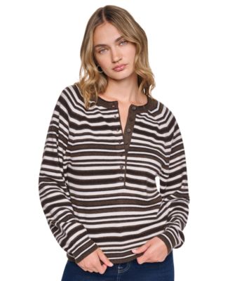 Women's Striped Raglan Crew Neck Long-Sleeve Henley Sweater