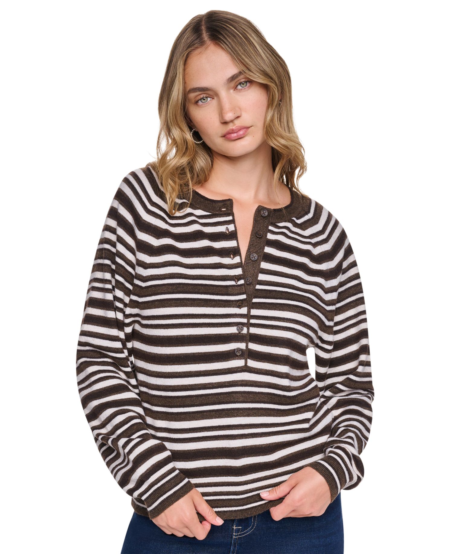 Women's Striped Raglan Crew Neck Long-Sleeve Henley Sweater