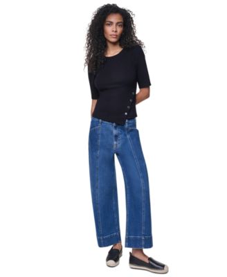 Women's Asymmetric Hemline Puff Elbow-Sleeve Top