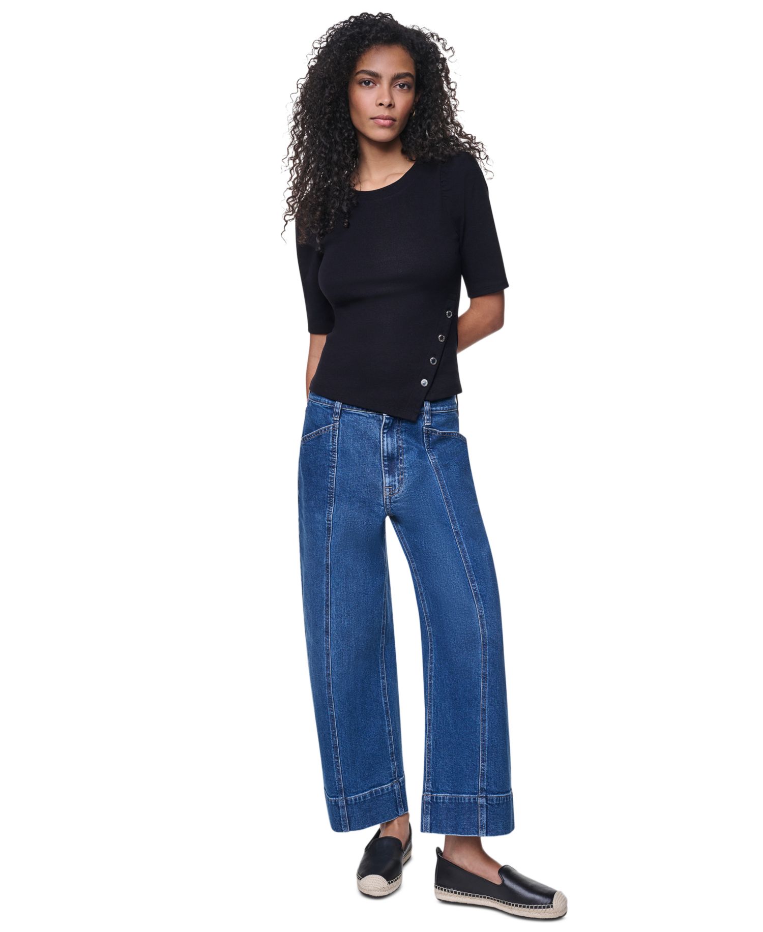 Women's Asymmetric Hemline Puff Elbow-Sleeve Top