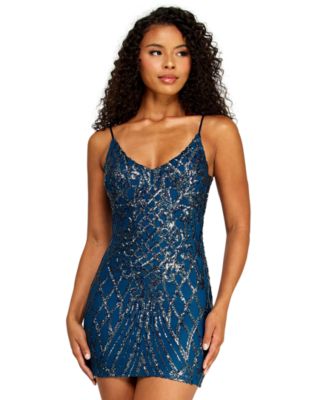 Juniors' V-Neck Pattern Sequin Spaghetti Strap Bodycon Mini Dress