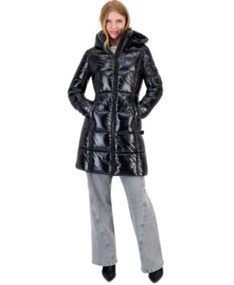 Women's Hooded Thumbhole-Cuff Shine Puffer Coat