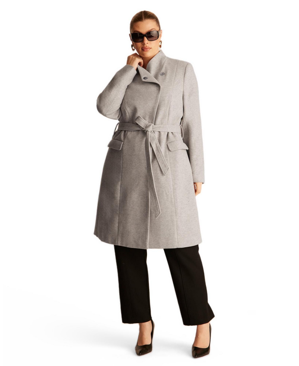 Estelle Plus Size Ren Double-Breasted Asymmetric-Neckline Coat - Fog