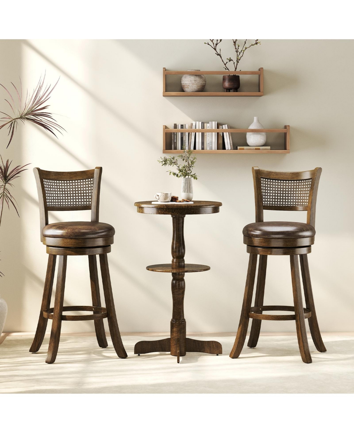 Gymax Set of 2 Bar Stools 30'' Swivel Bar Chairs with Pe Rattan Backrest Bar Height
