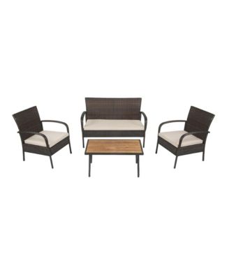 4 Pieces Patio Cushioned Wicker Set with Acacia Wood Tabletop