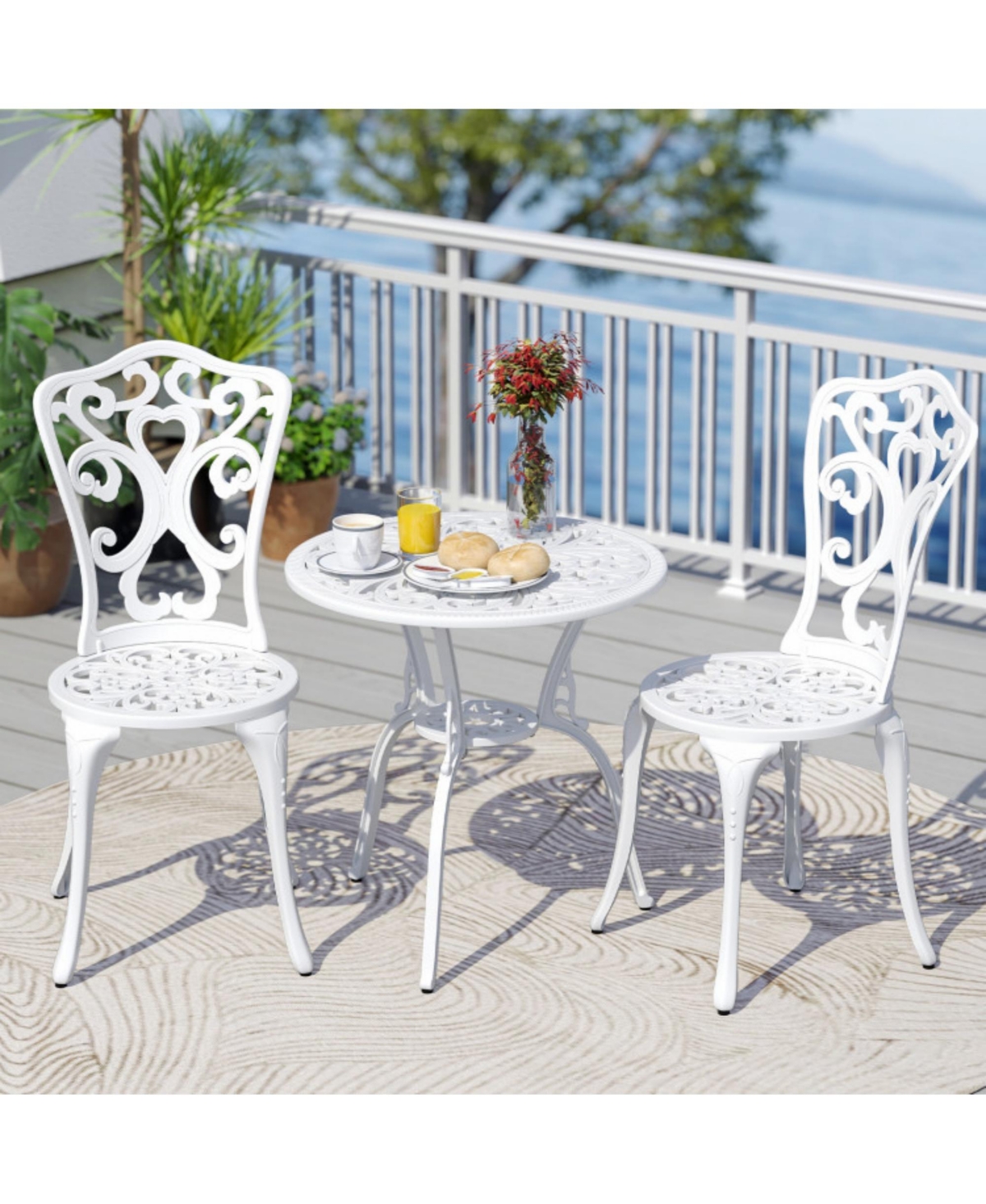 Clihome 3 Piece All Weather Cast Aluminum Bistro Chairs and Table with Umbrella Holes