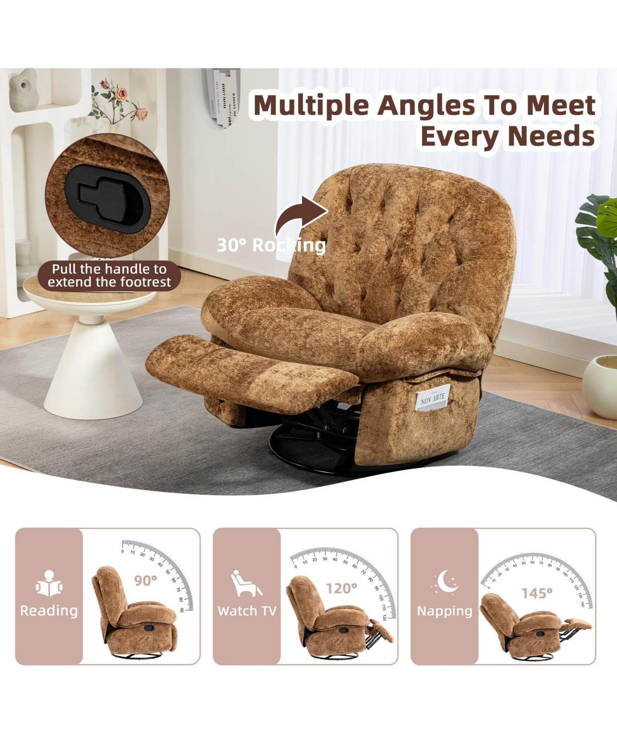 Dyhome Manual Recliner Chair with Swivel and Side Pocket, Chenille Upholstery Rocking for Living Room, Bedroom, Nursery