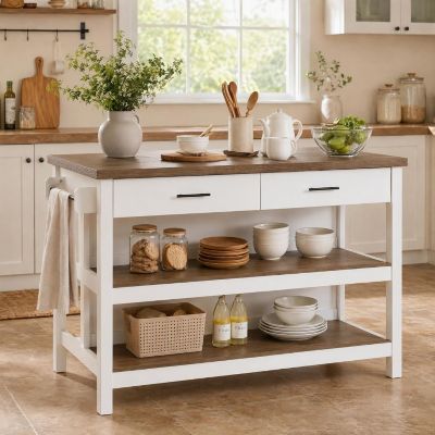 47" Kitchen Island with 3-Tier Storage and Seating, White Oak