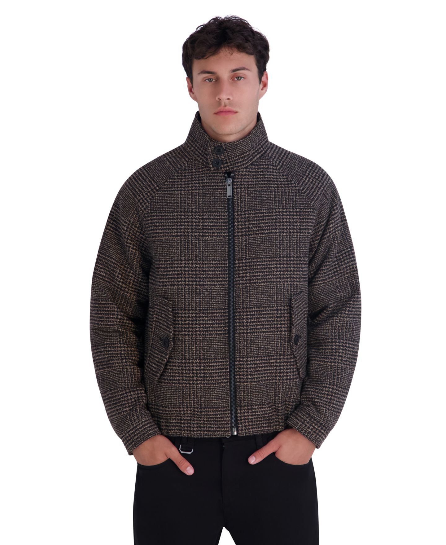 Мужская куртка KARL LAGERFELD PARIS Houndstooth Wool-Blend Bomber Modern-Fit, цвет: Коричневый — фото 1