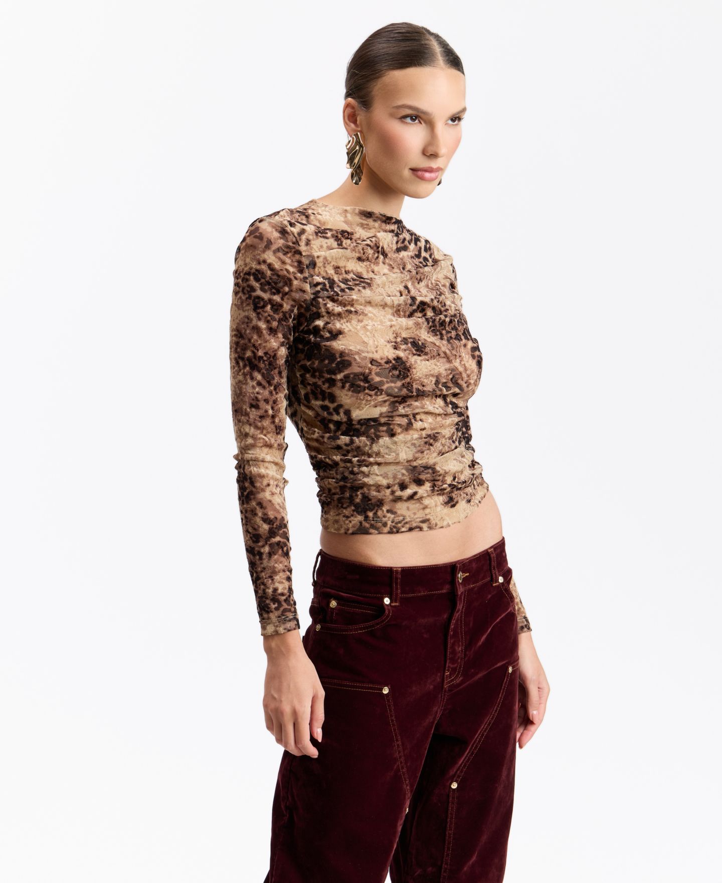 Женская футболка Avec Les Filles Leopard-Print Ruched Long-Sleeve, цвет: Burnout Cheetah — фото 4