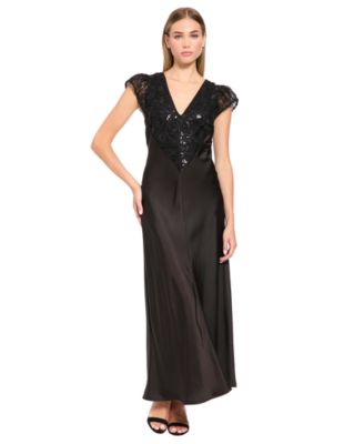 Women's Flutter-Sleeve Embroidered Satin Midi Dress