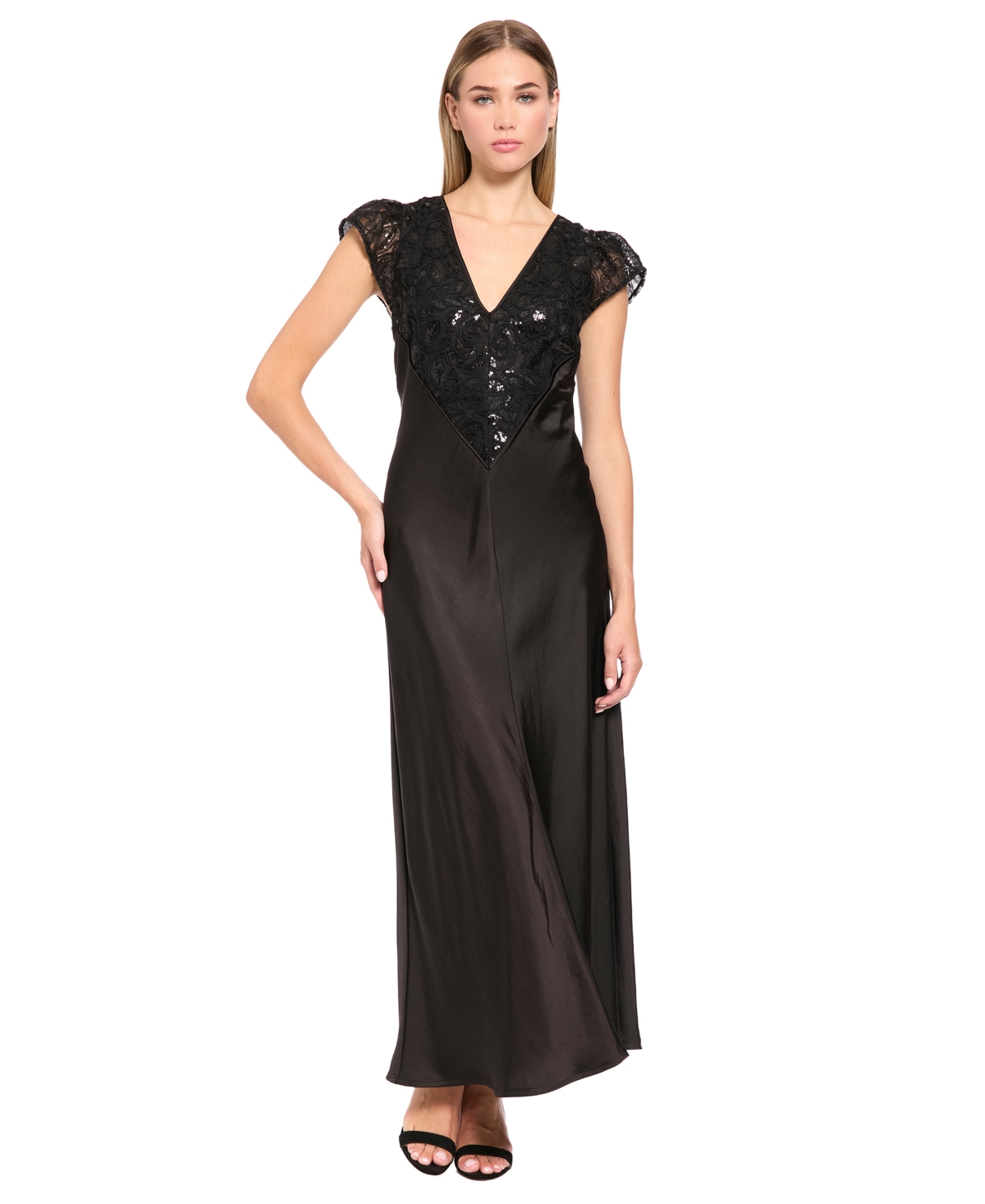Luxely Women's Flutter-Sleeve Embroidered Satin Midi Dress - Black