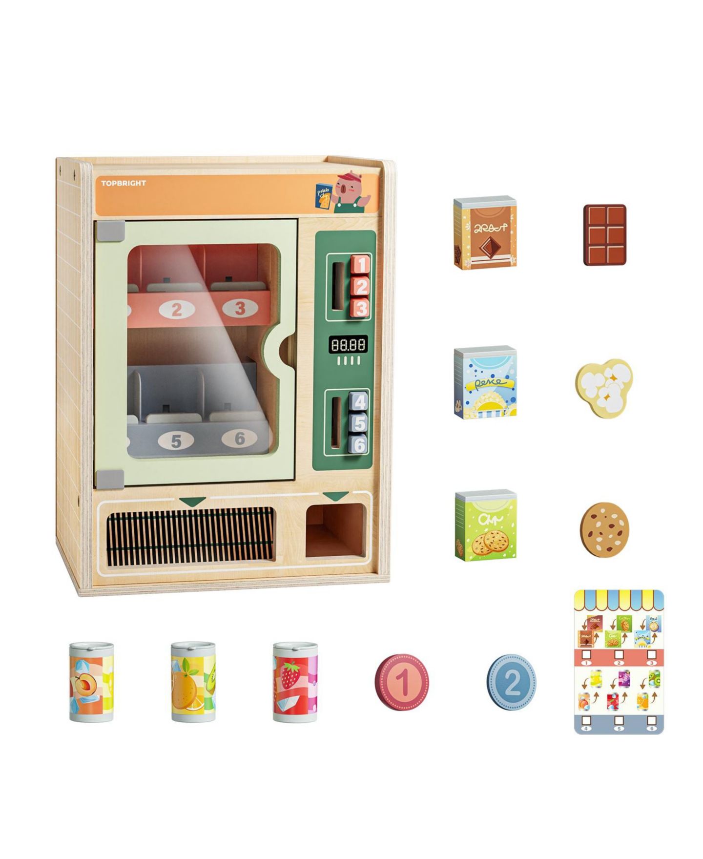 Детские игрушки TOP BRIGHT 10PCS Play Food Wooden Vending Machine For Kids Pretend Play Toys With Wooden Snack Bars and Drink Cans Play Set For Boys Girls, цвет: Зелёный — фото 4