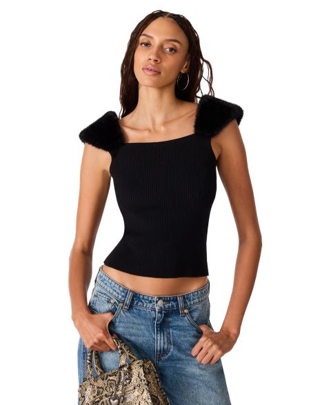 Женский свитер Steve Madden Madelyn Sleeveless Square-Neck Faux Fur-Trim, цвет: Чёрный