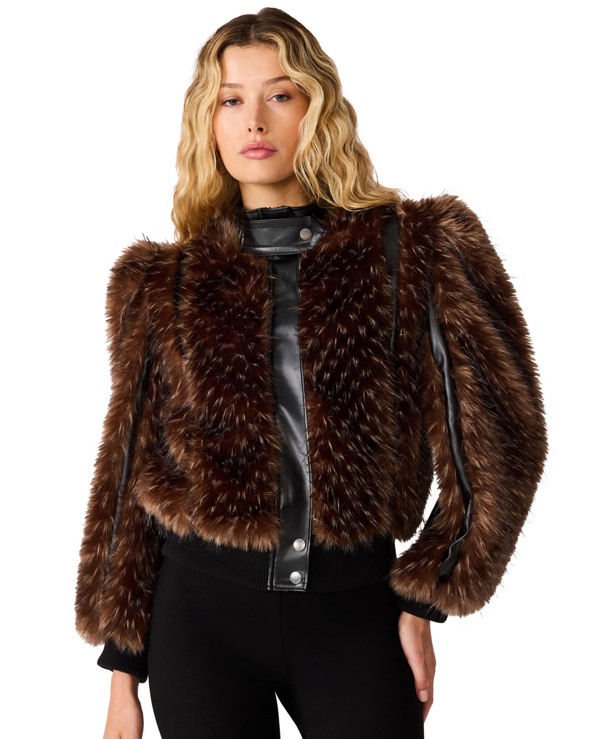 Steve Madden Women's Pru Faux-Fur Cropped Mock-Neck Jacket