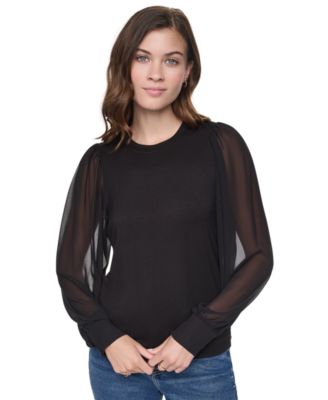 Women's Mixed-Media Long-Sleeve Crewneck Blouse