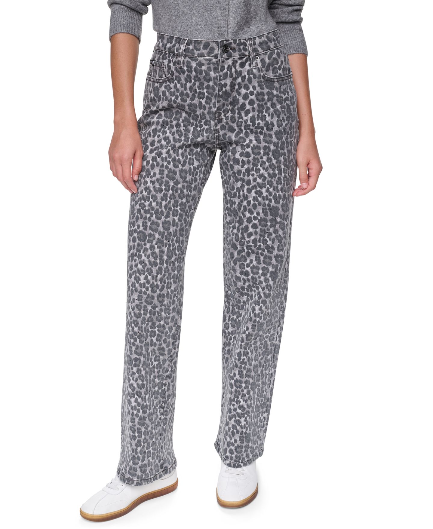 Женские джинсы DKNY Jeans Embellished Animal Print Mid Rise Relaxed Straight, цвет: Серебряный леопардовый — фото 1