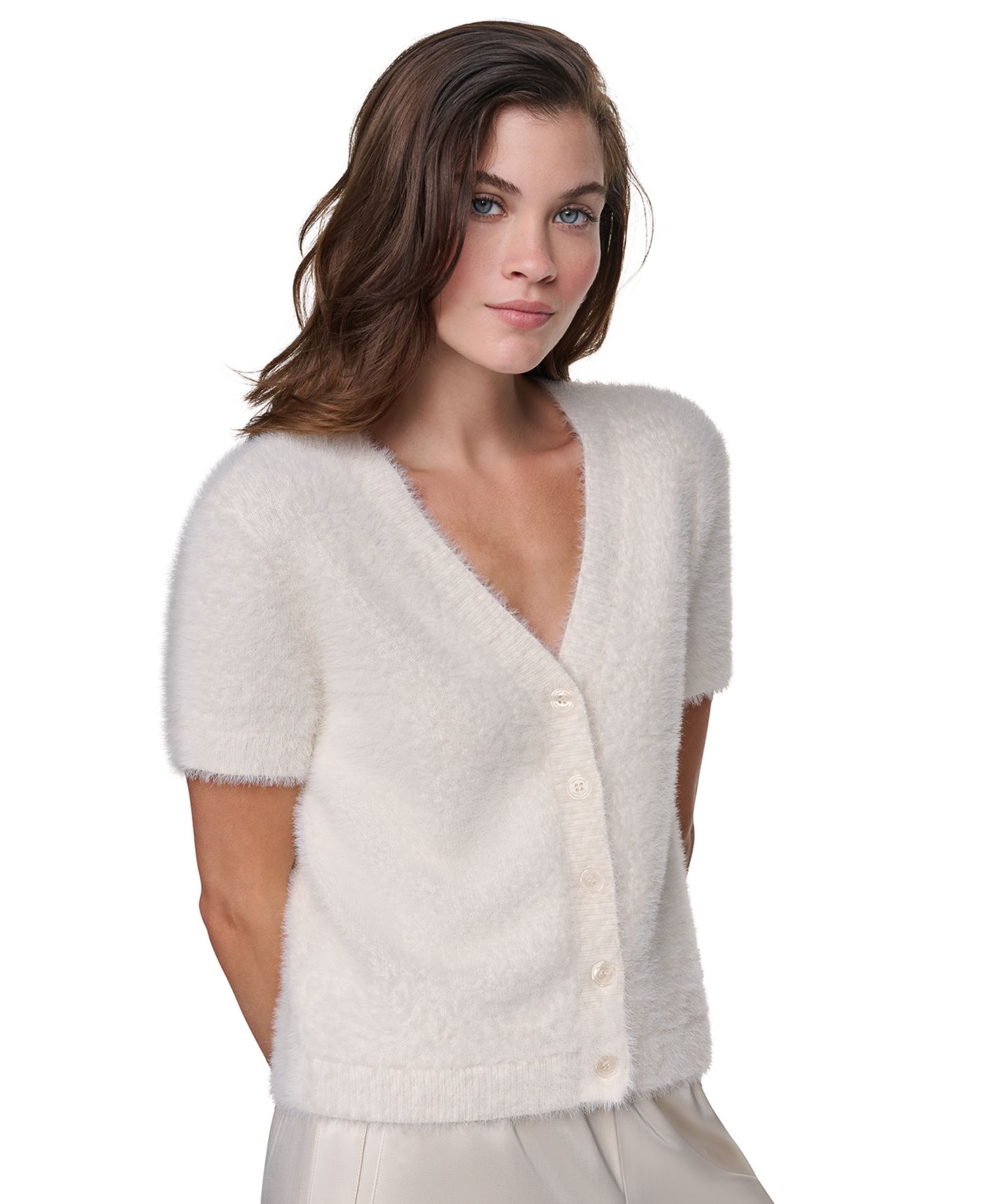 Women's Short-Sleeve Brushed-Knit V-Neck Cardigan