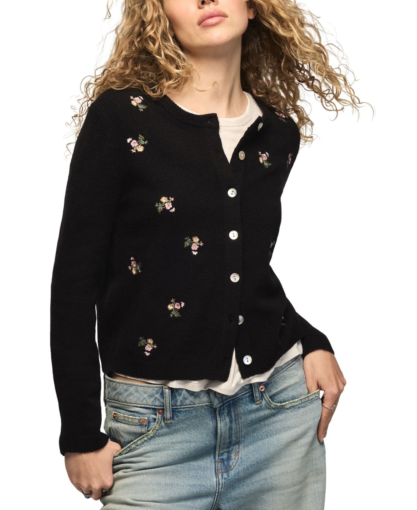 Женский кардиган Lucky Brand Floral-Embroidered Long-Sleeve, цвет: Caviar — фото 3