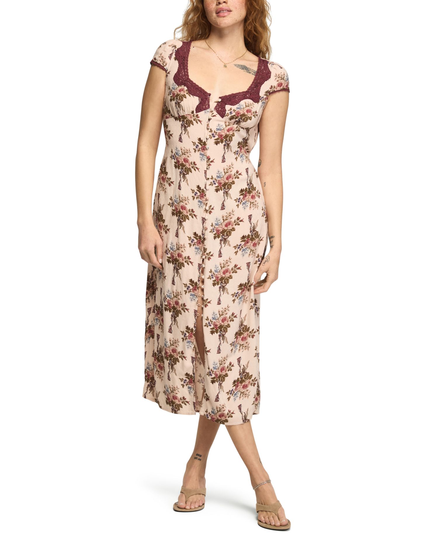 Women's Cap-Sleeve Tie-Back Floral-Print Slip Dress