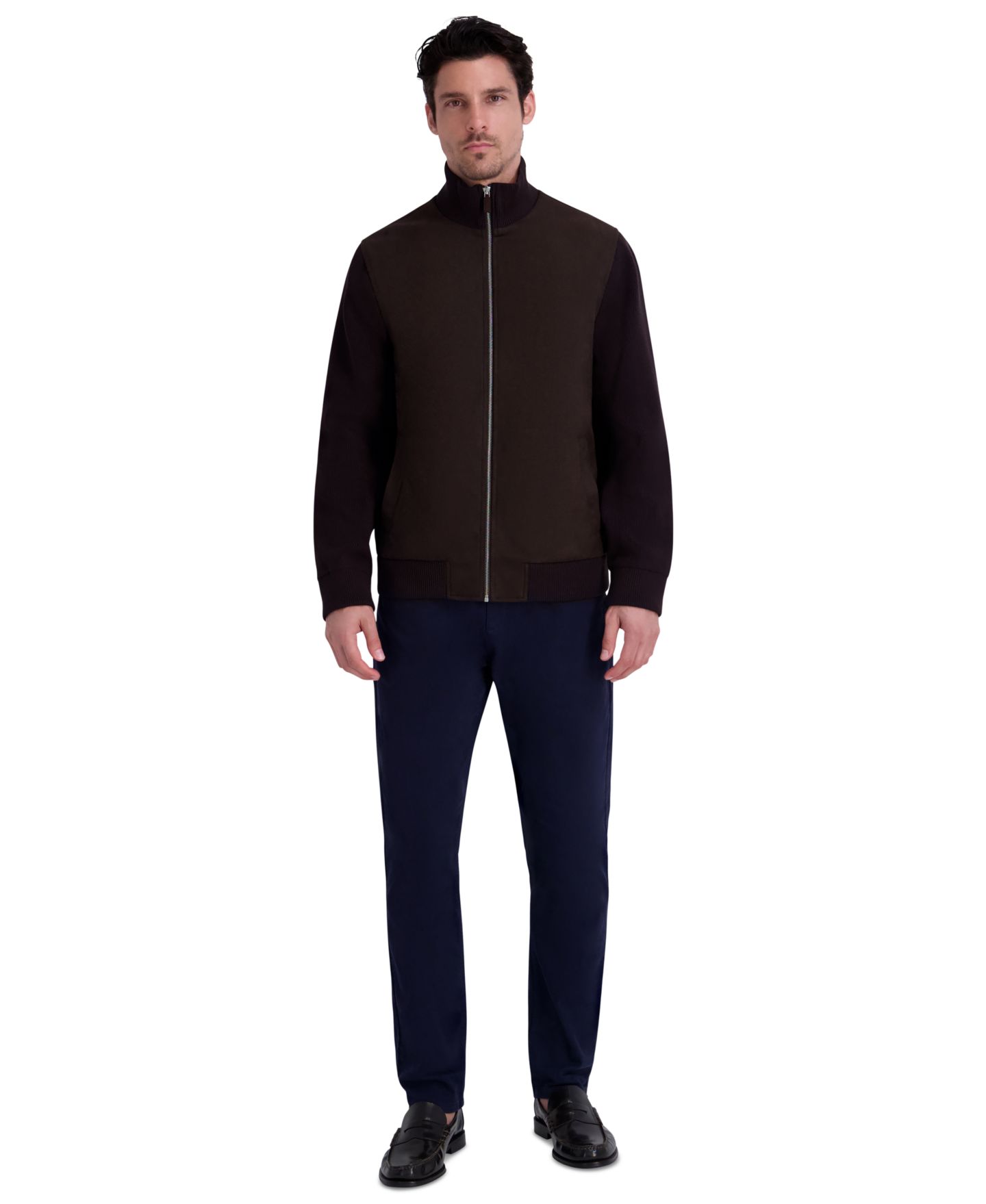 Мужская куртка KARL LAGERFELD PARIS Faux Suede Knit Rib Sleeves and Collar, цвет: Коричневый — фото 2