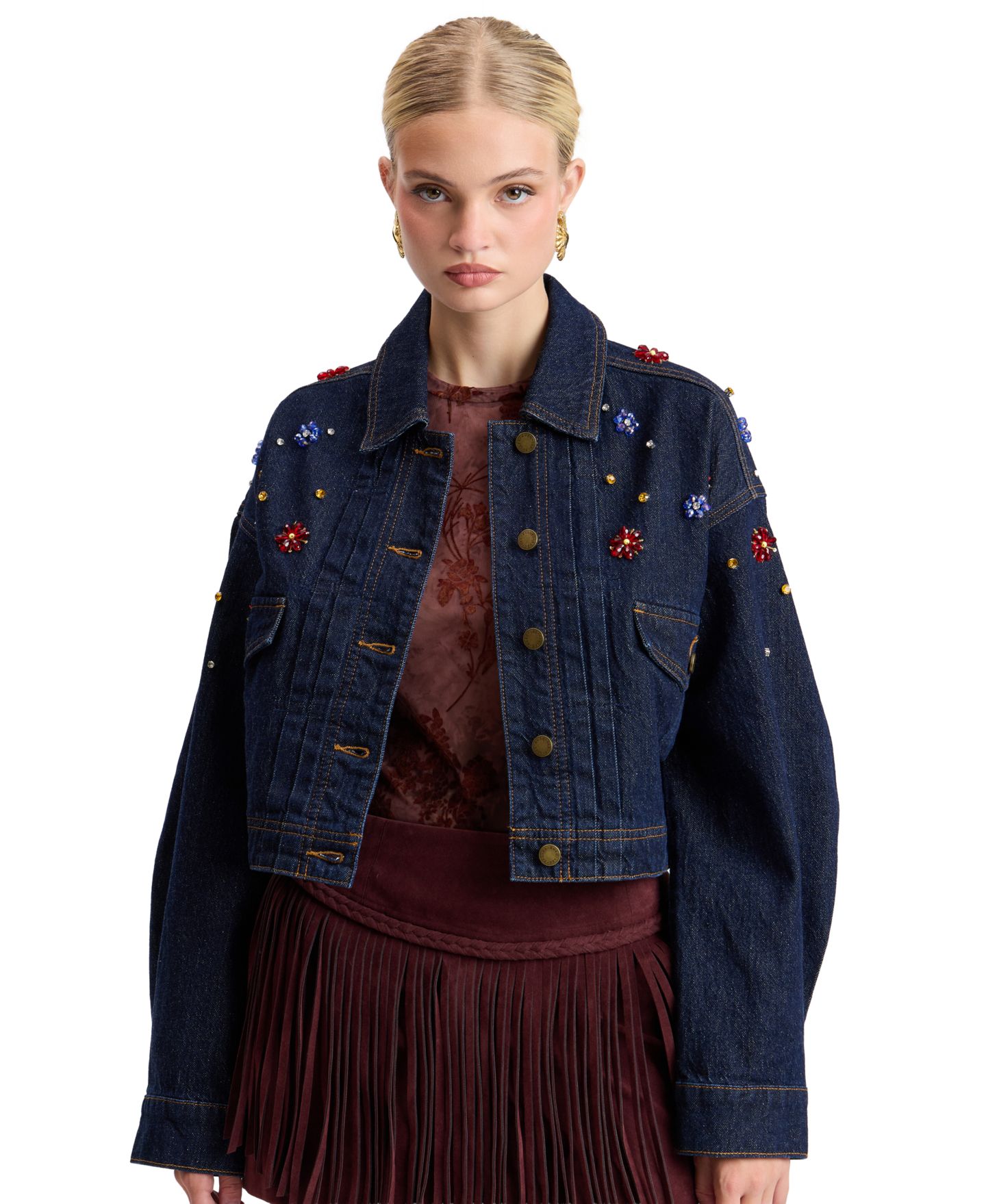 Женский пиджак Avec Les Filles Gem-Embellished Cropped Denim Blazer, цвет: Разноцветный — фото 1