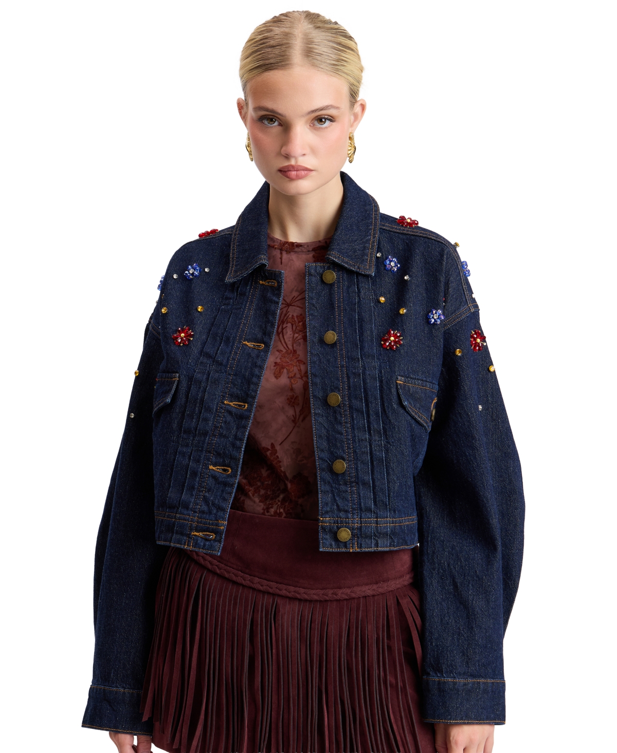 Avec Les Filles Women's Gem-Embellished Cropped Denim Blazer