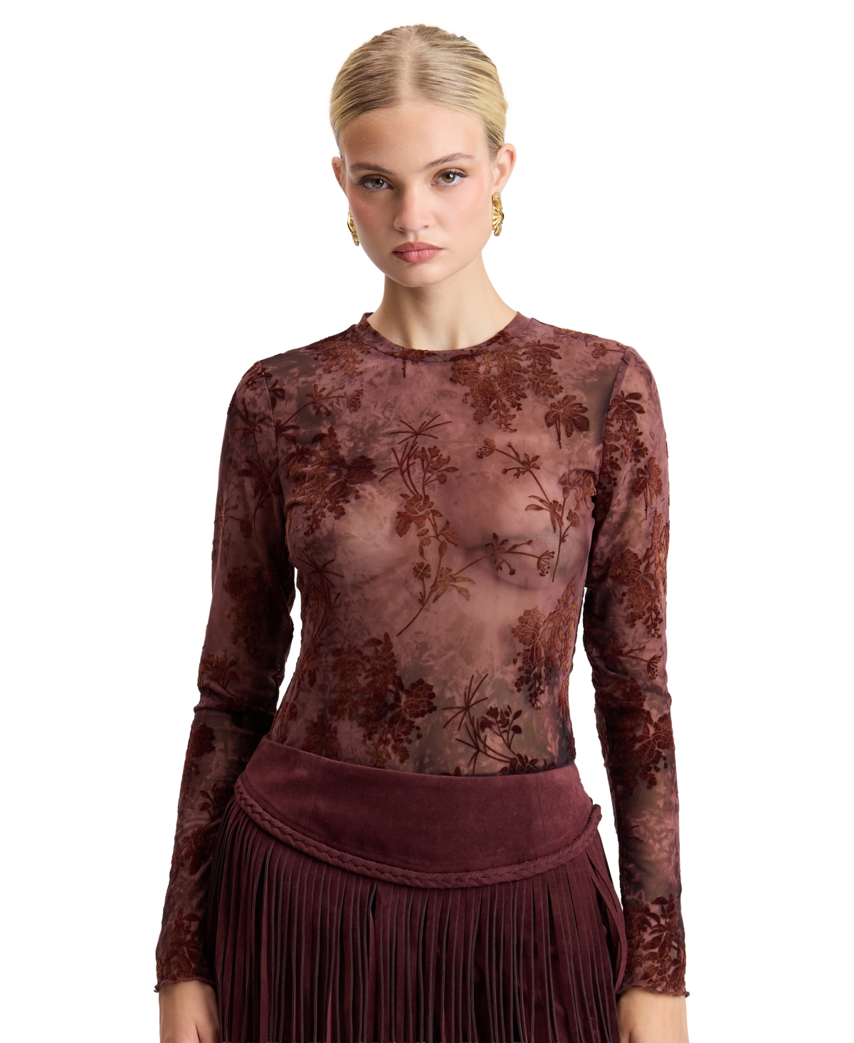 Avec Les Filles Women's Long-Sleeve Lace Floral-Print Top - Wine Multi