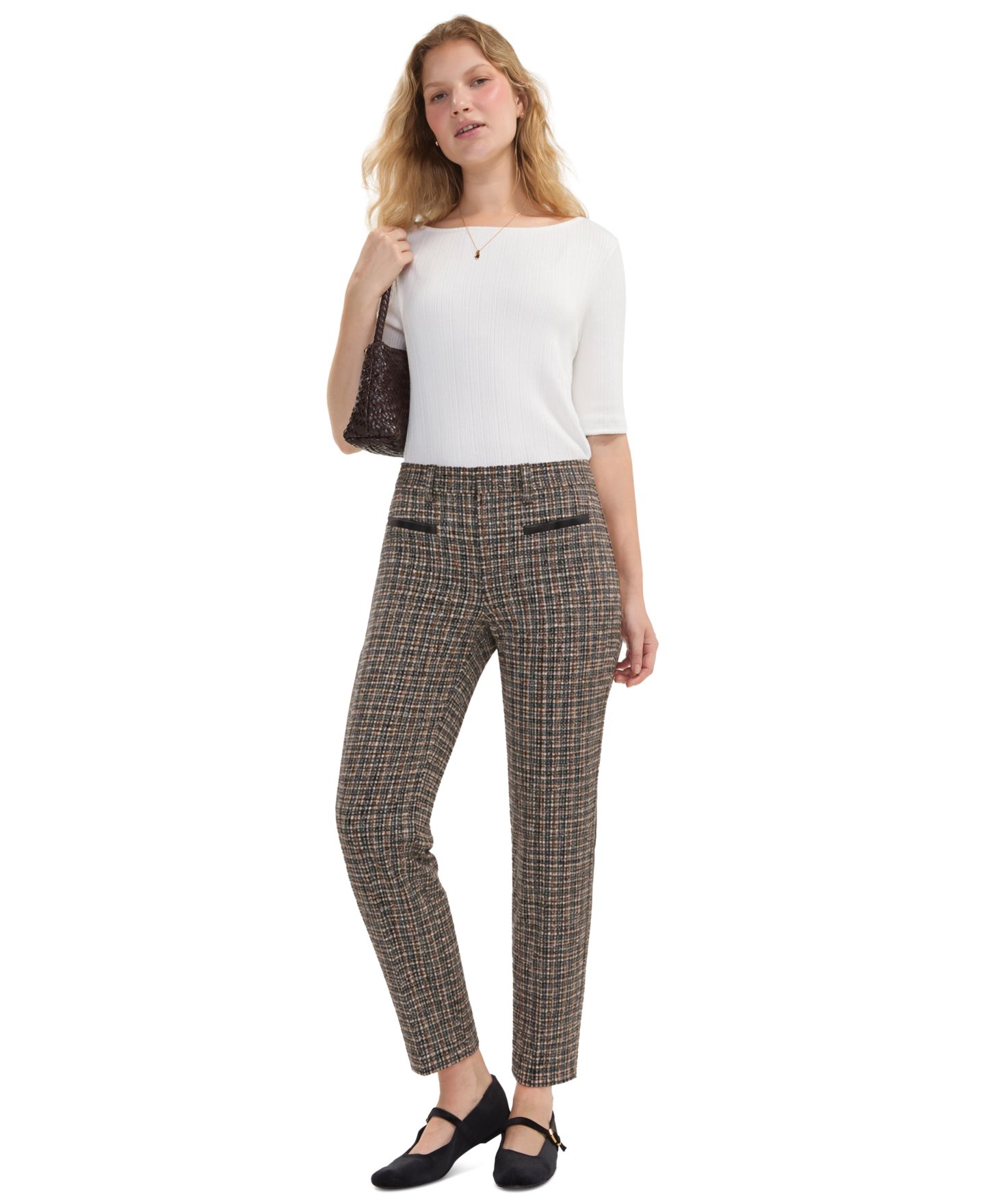 Женские брюки Liverpool Los Angeles Petite Faux-Leather Trim Plaid Straight-Leg Trousers, цвет: Чёрный рыжевато-коричневый клетчатый — фото 2