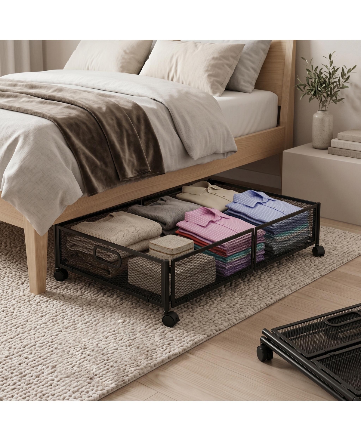 Underbed Rolling Storage Drawer with Metal Mesh Frame and Wheels, 2 Packs