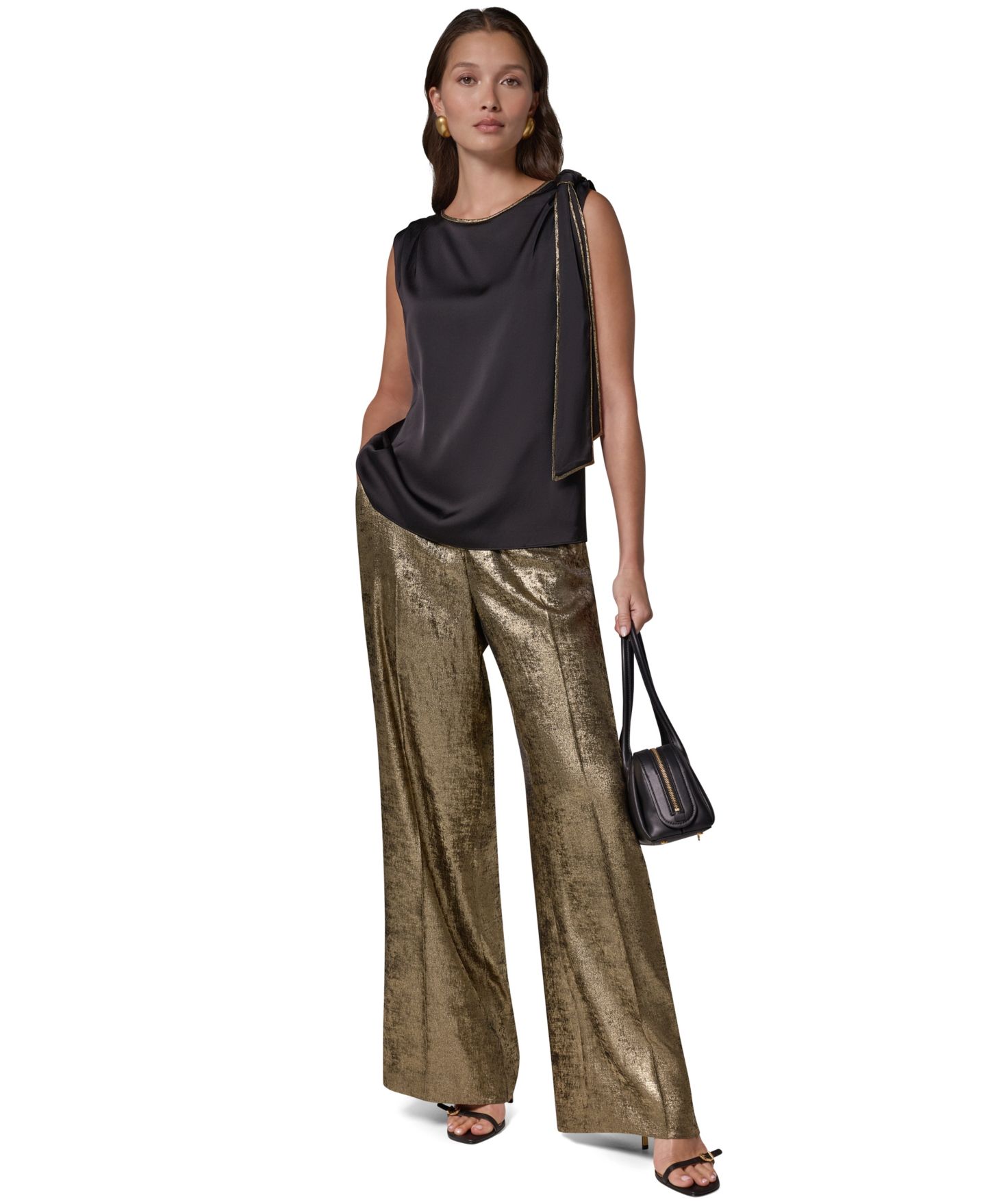Женская атласная блузка Donna Karan New York с вырезом-лодочкой, для невысоких, цвет: Чёрный / Золотой — фото 3