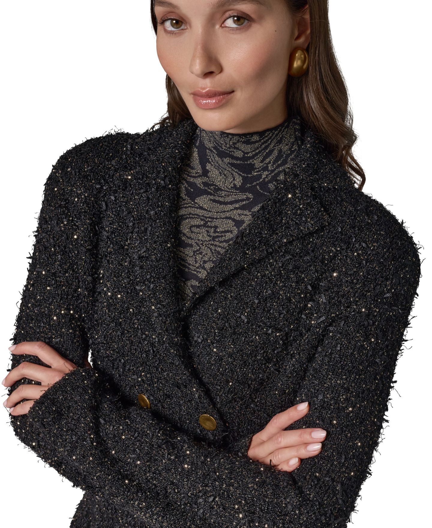 Женский двубортный блейзер Donna Karan New York для невысоких с подплечниками, цвет: Чёрный разноцветный — фото 9