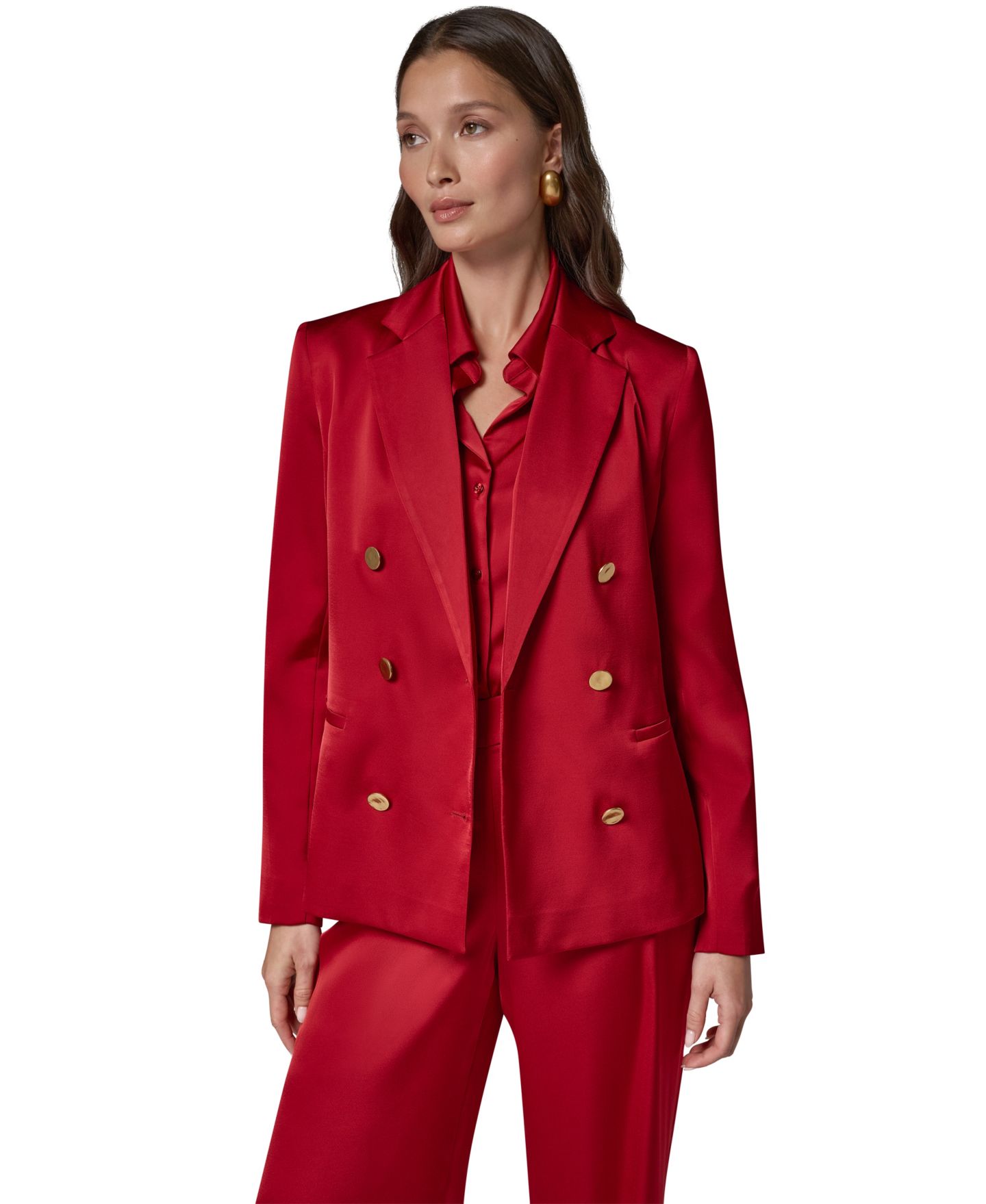 Женский двубортный атласный блейзер Donna Karan New York с плечевыми накладками, цвет: Красный бархатный — фото 16