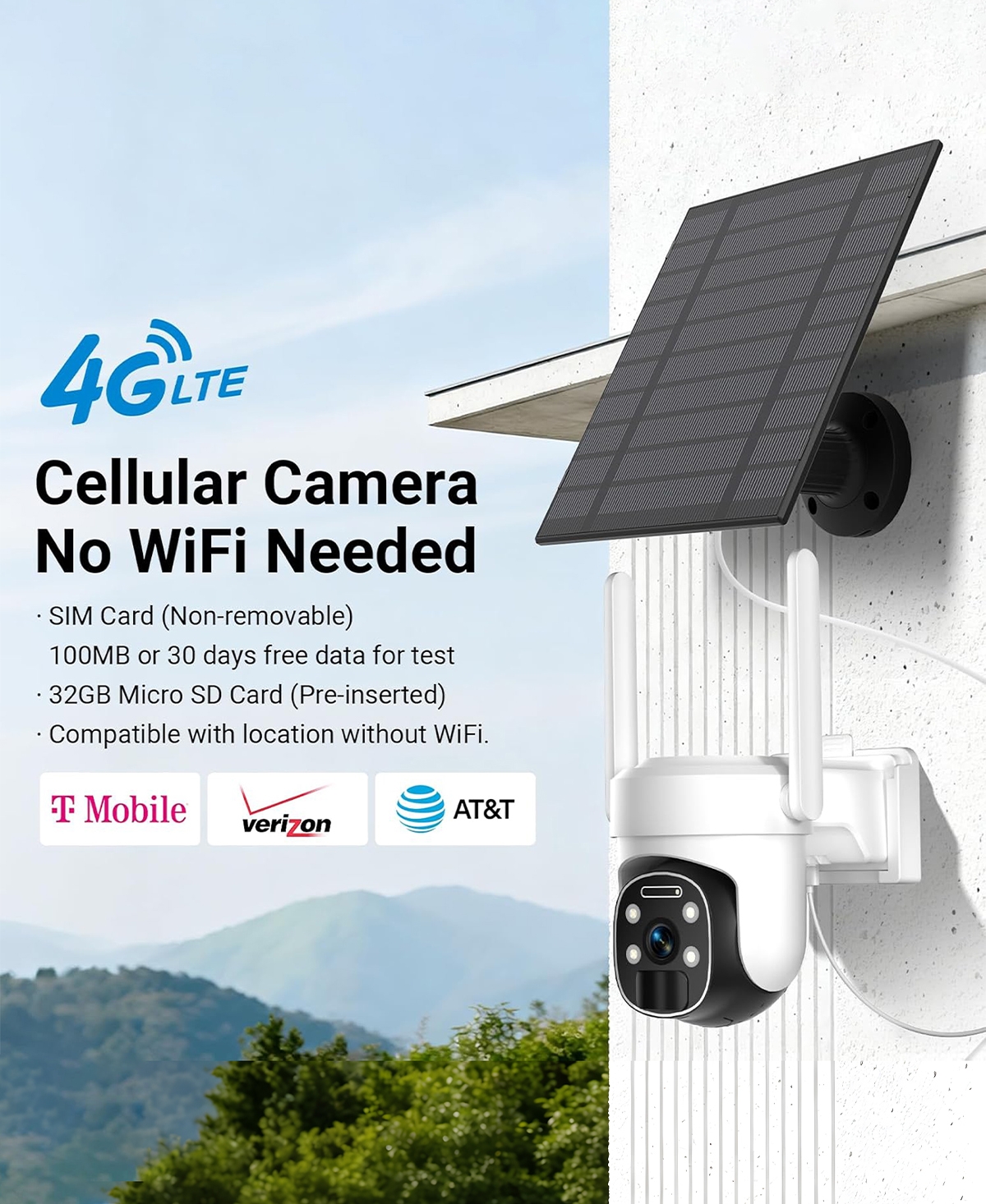eco4life 4G Lte Cellular Ptz Solar Security Camera, No WiFi Needed, 2K Qhd Color Night Vision, Ai Motion Detection, IP66 Waterproof