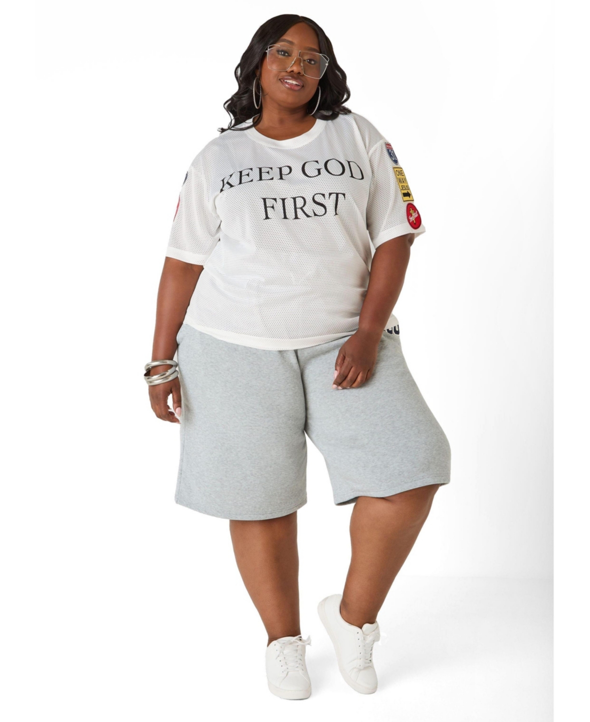 Ashley Stewart Plus God First Patchwork Mesh Jersey