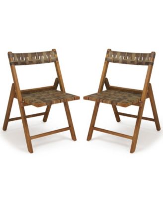 Set of 2 Folding Patio Chairs with Hand-Woven Seats and Contoured Backs