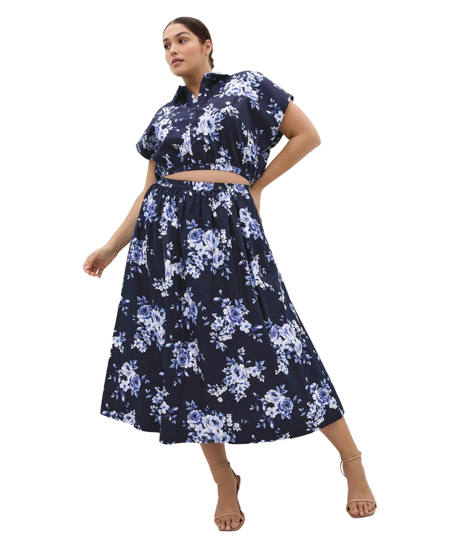 Plus Size Vacay Floral-Print Midi A-Line Skirt