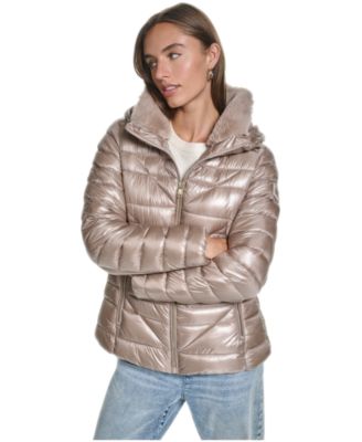 Women's Short Hooded Faux Fur Collar Puffer Jacket