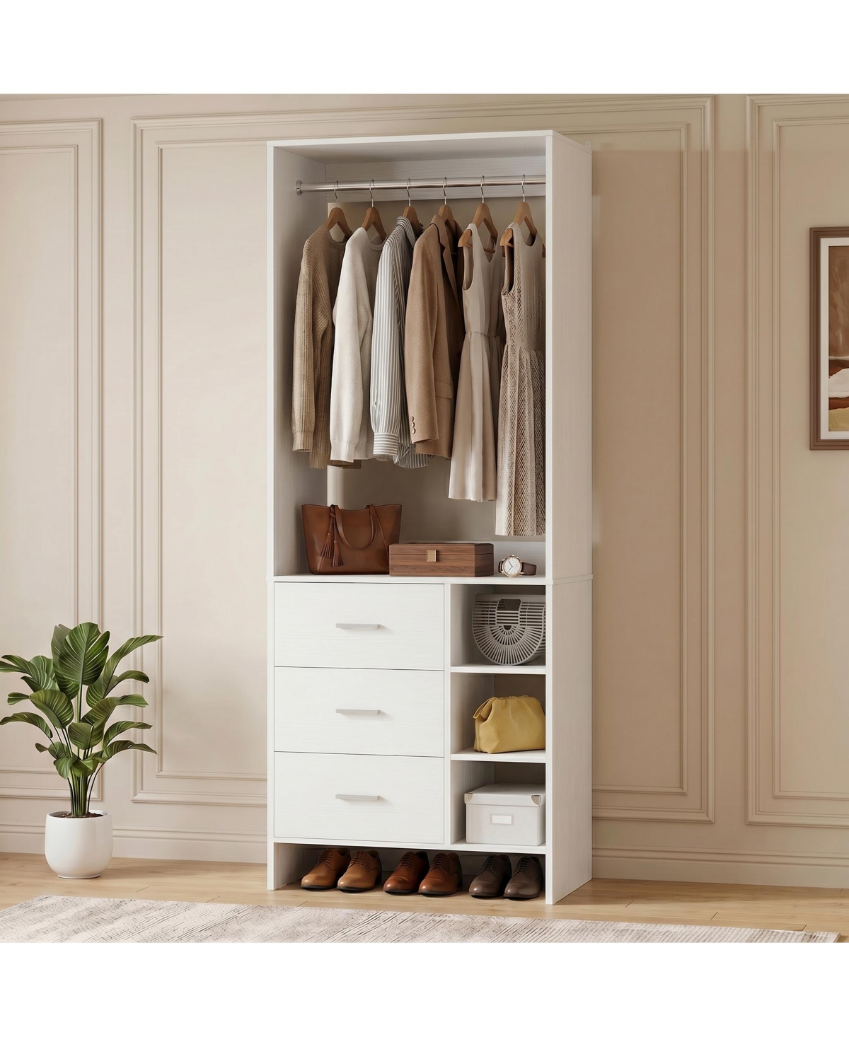Aheaplus 29.5" Closet Organizer with 3-Drawers, Small Closets Wardrobe for Bedroom - White
