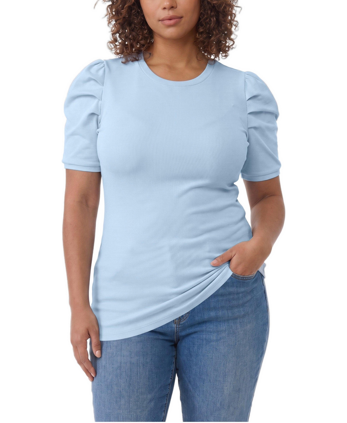 Torrid Plus Size Belle Isle Short-Puff Sleeves Ruched Cotton-Blend T-Shirt - Cerulean