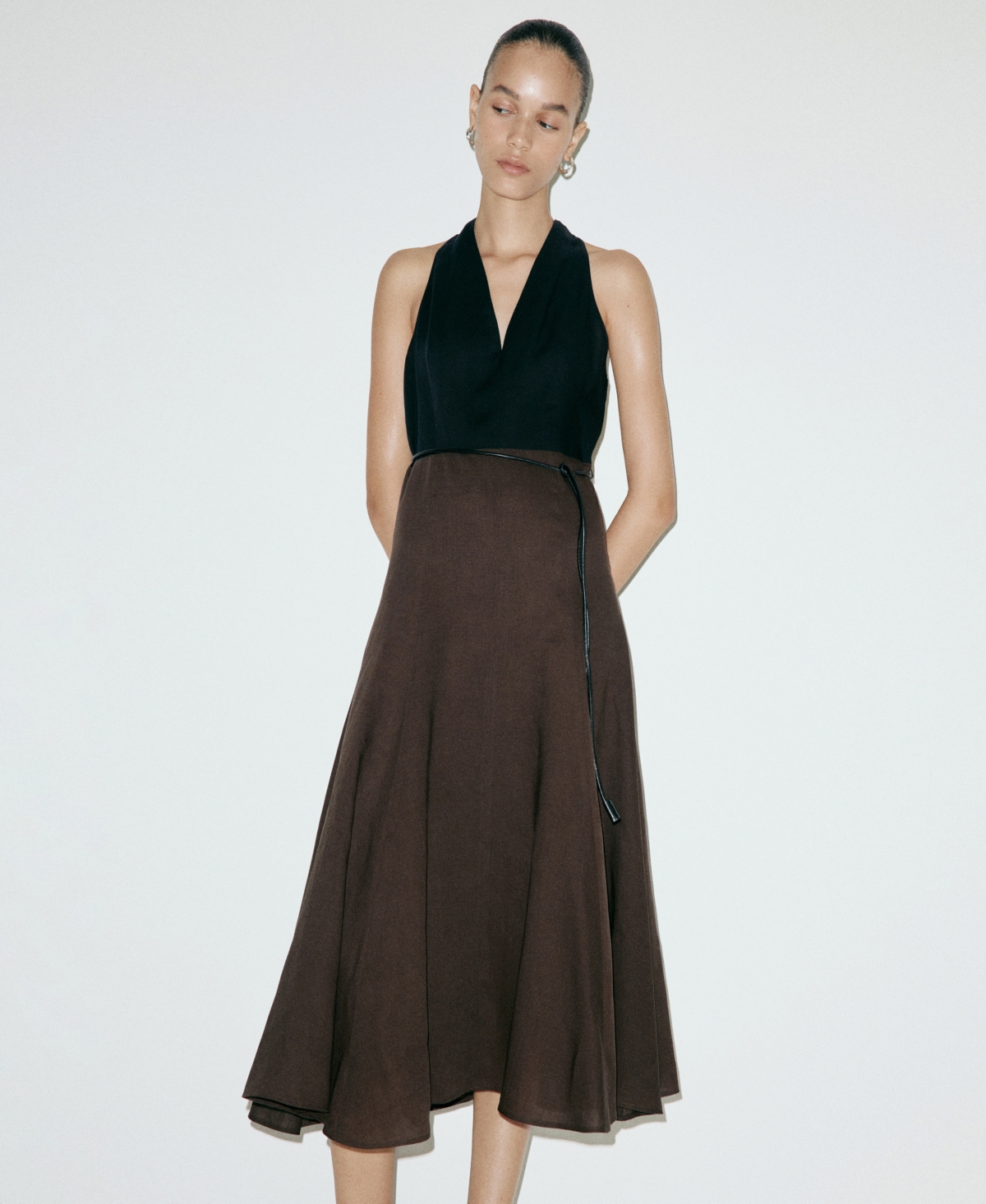 Mango Women's Bicolor A-Line Midi Sleeveless V-Neck Dress